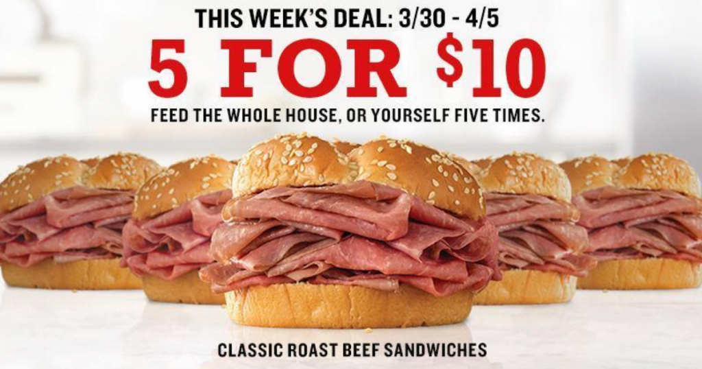 Arby's 5 for 10 Roast Beef Sandwiches Drive Thru Deal Julie's Freebies